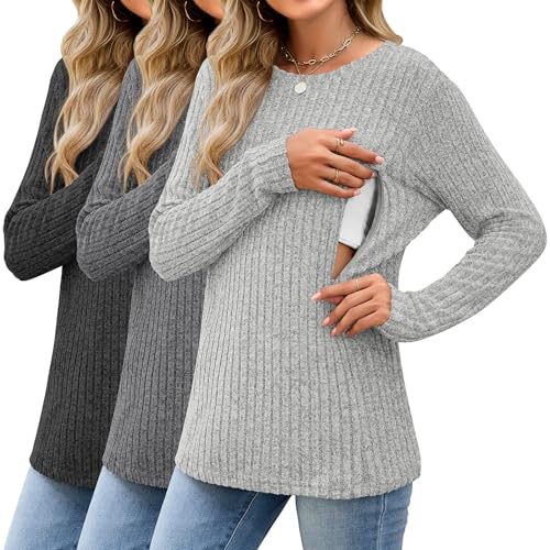 3 Pack Maternity Nursing Ribbed Long Sleeve Tops - color: Black, Gray, Light Gray, size: Large