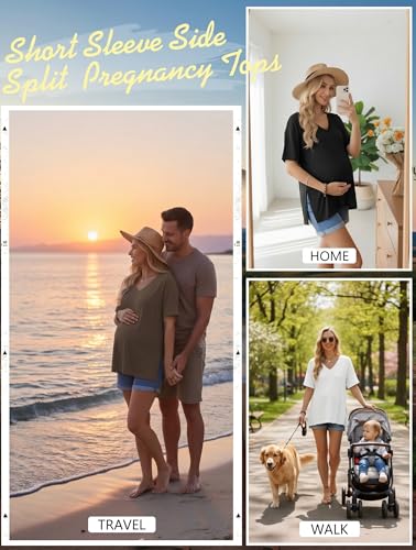 Ekouaer Maternity Shirts 3 Pack Oversized Pregnancy Tops Summer Clothes - color: 3 Pcs Black/ White/ Brown, size: Medium