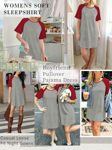 Nightgowns for Women Raglan Sleeve Night Shirt Soft Sleepshirts - color: Red and Grey, size: X-Large