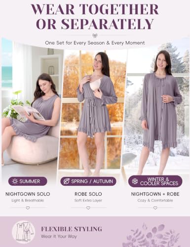 Maternity Nursing Gown & Robe Set, Ruffle Labor Delivery Nightgowns - color: Dust Purple, size: X-Large