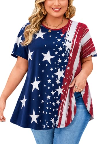 Womens Plus Size Tunic Tops Swing Summer Casual Flowy Blouses - color: American Flag Tops Navy Red, size: 6X-Large