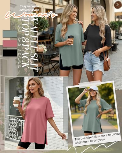 3 Pack Womens Oversized Waffle Knit Tops - color: Black, Brick Red, Gray Green, size: XX-Large