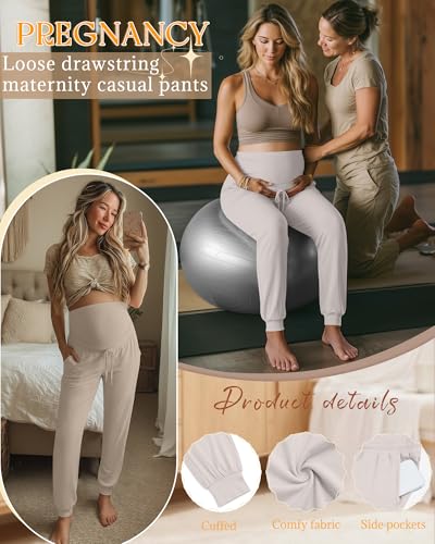 3 Pack Womens Maternity Pants Loose Pregnancy Joggers - color: Oatmeal Color, Apricot, Coffee, size: Medium