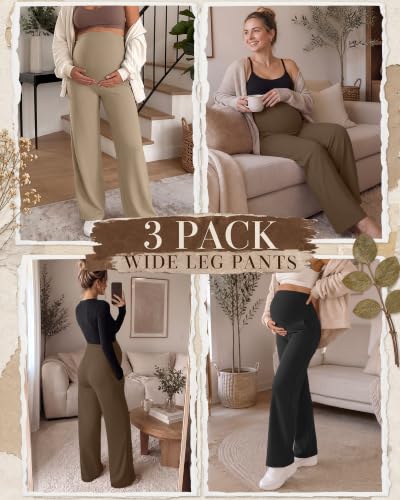 3 Pack Women's Maternity Yoga Pants with Pockets - color: Khaki, Coffee, Black, size: X-Large