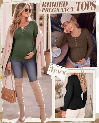 Huukeay 3 Pack Womens Maternity Long Sleeve Shirts - color: Army Green, Coffee, Black, size: Small