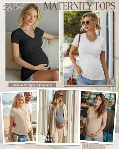 Neer 4 Pack Women's Maternity Shirts Short Sleeve - color: Black, Light Heather Gray, White, Khaki, size: Medium
