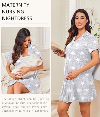 Ekouaer Womens Nightgown Button Down Short Sleeve Notch Collar Sleep Shirt - color: Star Grey, size: 3X-Large