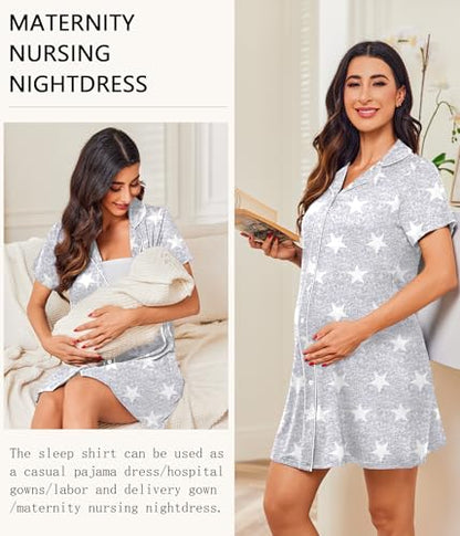 Ekouaer Womens Nightgown Button Down Short Sleeve Notch Collar Sleep Shirt - color: Star Grey, size: Large