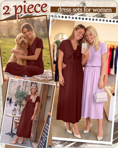Women's Maxi Sundress Cropped Cardigan Set - color: Burgundy, size: Large