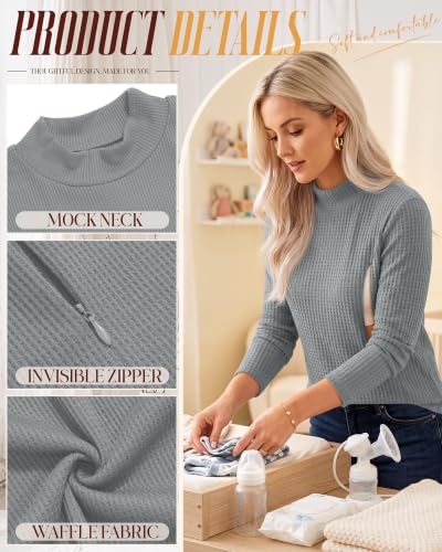 Huukeay 4 Pack Women's Long Sleeve Waffle Nursing Shirts - color: White, Light Gray, Dark Gray, Black, size: Large