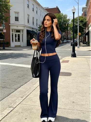 COPYLEAF Two Piece Lounge Sets for Women Fold Over Leggings Y2k Outfits - color: Navy Blue, size: Small