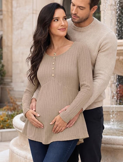 Genhoo Womens Maternity Tops Long Sleeve Maternity Shirts Henley Clothes - color: Khaki, size: Medium