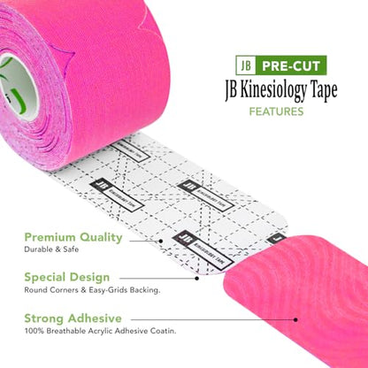JB Tape Kinesiology Tape, 80 Precut Strips, Pink, Latex‑Free, 4 Rolls - color: Hot Pink