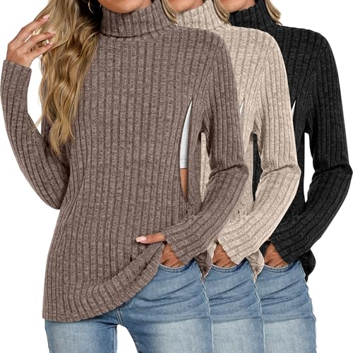 3 Pack Womens Turtleneck Nursing Tops Ribbed Sweaters - color: Coffee, Apricot, Black, size: XX-Large
