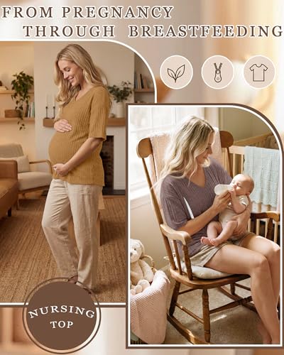 Ficerd 4 Pack Women's Oversize Nursing Shirts - color: Orange, Light Pink, Khaki, Light Coffee, size: X-Large