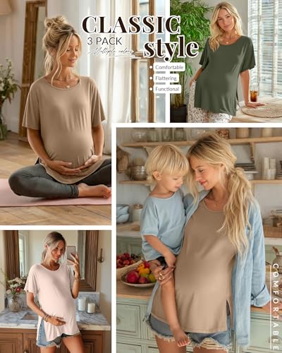 Riyiper 3 Pack Women's Maternity Tunic Cotton Shirts - color: Khaki, White, Black, size: Medium