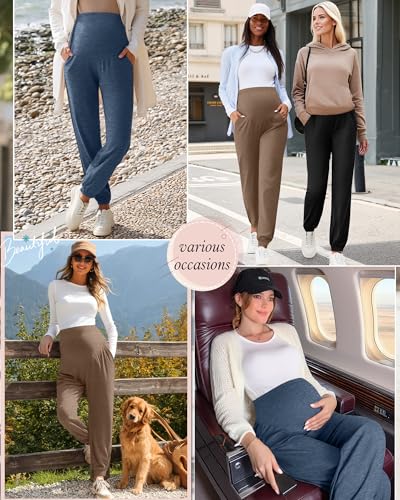 3 Pack Women's Maternity Jogger Pregnancy Sweatpants - color: Gray Blue, Camel, Black, size: Small