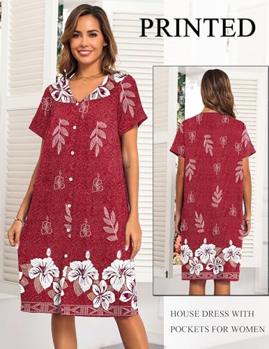 Ekouaer House Dress for Women with Pockets Button Down Nightgowns Moo Moos - color: Red Flower, size: Medium