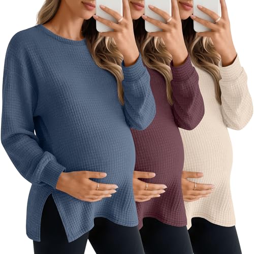 3 Pack Women's Maternity Waffle Knit Shirts - color: Blue, Fuchsia, Beige, size: X-Large