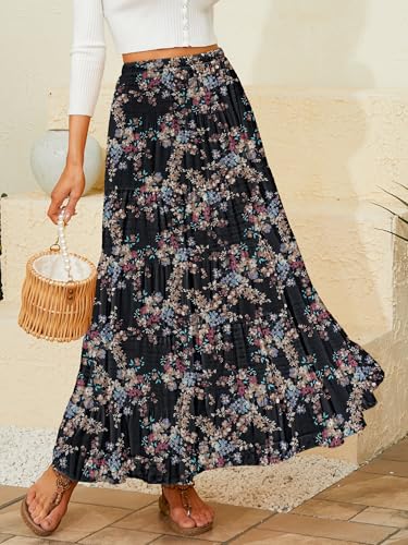 NASHALYLY Women's Chiffon Elastic High Waist Pleated A-Line Maxi Skirts - color: Black Floral-c, size: Medium
