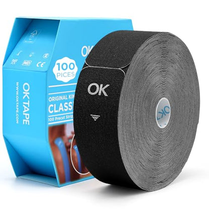 OK TAPE Kinesiology Tape 100 PCS Precut Elastic Strips Bulk 2inx10in/PCS - color: Black, size: 100 PCS
