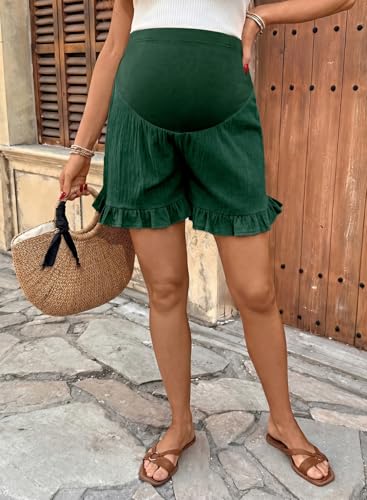 BLENCOT Maternity Shorts Over Belly Ruffle Hem Pregnancy Clothes - color: Blackish Green, size: Medium