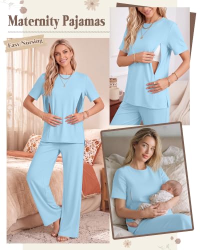 2Pc Postpartum Nursing Pajamas Set - color: Light Blue, size: Large