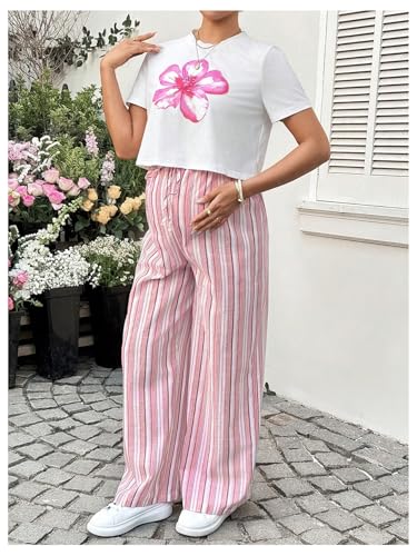MakeMeChic Women's Maternity 2 Piece Summer Outfits Floral Short Sleeve Tee and Striped Pants Pregnancy Sets - size: X-Large