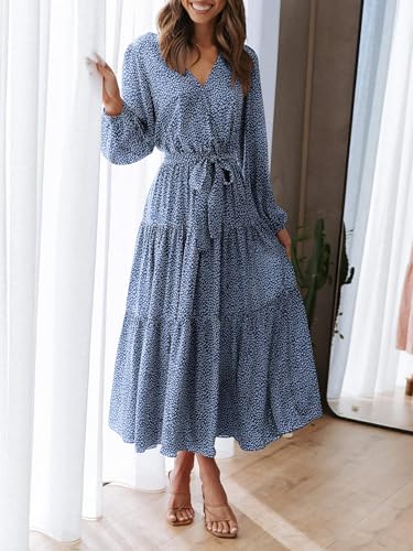 PRETTYGARDEN Womens Long Sleeve Boho Floral Wrap Maxi Dress - color: Blue, size: Small