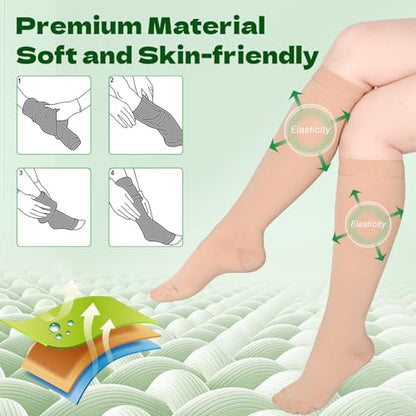 2 Pairs 20-30mmHg Knee High Compression Socks for Women,Closed Toe - color: Beige, size: 3X-Large