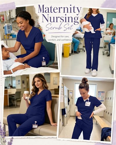 Women's Maternity Scrub Top Pant Set - color: Navy Blue, size: Large