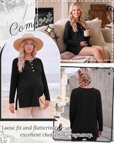Ficerd Women Maternity Shirt Pregnant Long Sleeve Henley Top - color: Black, size: Large