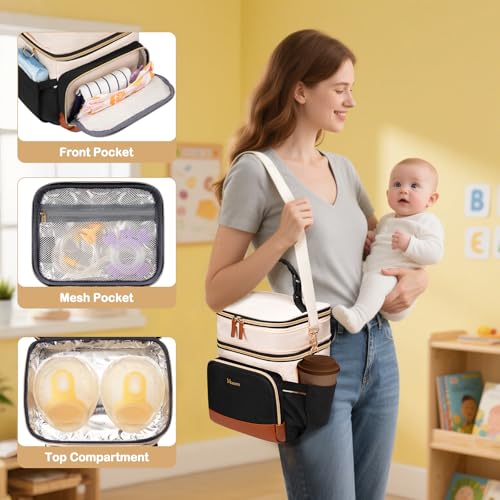 Mancro Expandable Breast Milk Cooler Travel Bag with Ice Pack - color: Beige