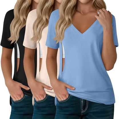 3 Pack Women's Nursing Tops Hidden Zipper - color: Black, Cream, Blue, size: Medium