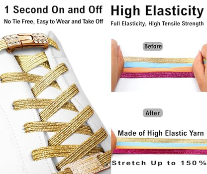 Elastic No Tie Shoe Laces with Bling Diamond Locks & Charms for Women's Sneakers - color: 03 Glitter Gold