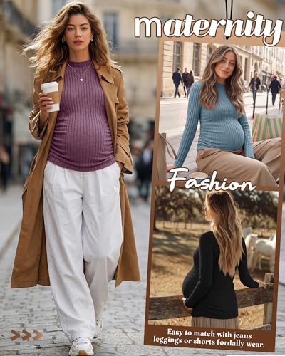 Neer 3 Pack Women's Maternity Mock Turtleneck Long Sleeve Tops - color: Fuchsia, Blue, Black, size: X-Large