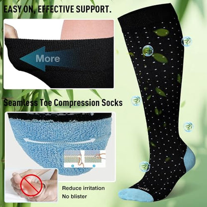 LEVSOX Bamboo Viscose Compression Socks Wide Calf 15-20 mmHg with Cushioned - color: Black Polka Dots, size: Medium