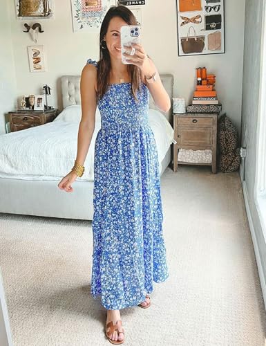 Tobrief Women's Boho Dress Summer Spaghetti Strap Square Neck Flowy Ruffle Beach Long Maxi Dress - color: 01 Blue Floral, size: Medium
