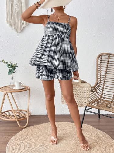 SweatyRocks Women Maternity 2 Piece Outfits Gingham Cami Top Shorts Sets - color: Dark Blue and White, size: X-Large