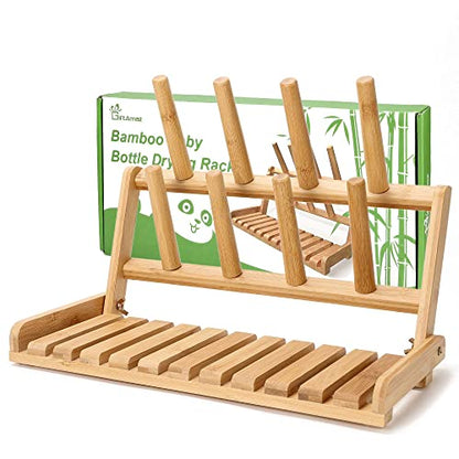 GiftAmaz Bamboo Baby Bottle Drying Rack, Space Saving Bottle Holder Dryer