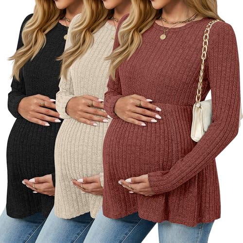 3 Pack Maternity Sweaters Long Sleeve Ribbed Shirts - color: Brick Red, Apricot, Black, size: XX-Large