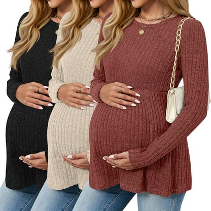 3 Pack Maternity Shirts Long Sleeve Ribbed Sweaters - color: Brick Red, Apricot, Black, size: Large