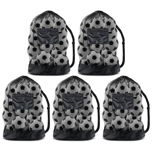 BROTOU Extra Large Soccer Ball Net Bag, 40" x 30" Drawstring Mesh Ball Bag - color: Black-5pcs-Durable Upgrade