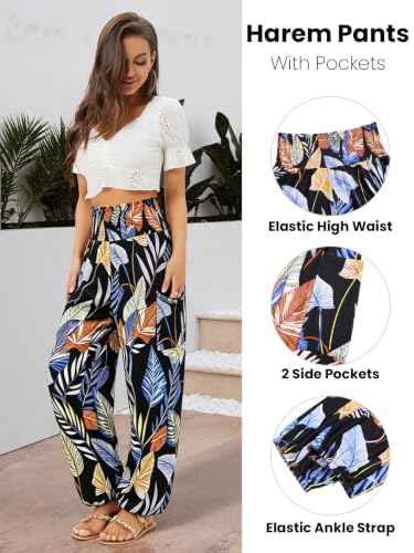 QIANXIZHAN Women's Harem Pants, High Waist Yoga Boho Trousers with Pockets - color: Amorous Leaf, size: Medium