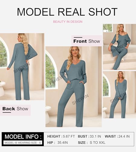 SHEWIN Women's Pajama Sets Ribbed Knit 2 Piece Lounge Sets - color: B Dusk Blue, size: Large