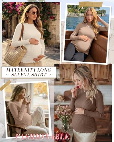 Huukeay 3 Pack Women Ribbed Long Sleeve Crew Neck Maternity Tops - color: Apricot, Khaki, Coffee, size: Medium