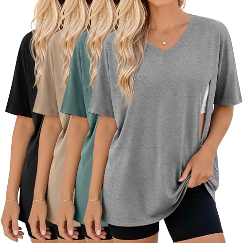 4 Pack Women's Oversize Nursing Tops - color: Light Gray, Dark Green, Khaki, Black, size: Small