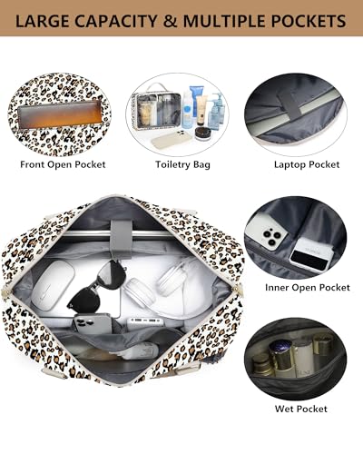 Travel Weekender Duffle Bag for Women: Overnight Bags with Shoe Compartment - color: Leopard Print, size: Large
