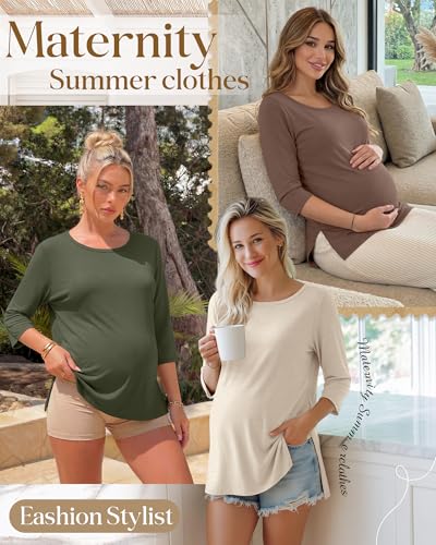 3 Pack Women's 3/4 Sleeve Maternity Loose Crewneck Tops - color: Coffee, Cream, Army Green, size: X-Large