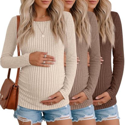 3 Pack Maternity Sweaters Long Sleeve Pregnancy Tops - color: Apricot, Khaki, Dark Brown, size: Medium
